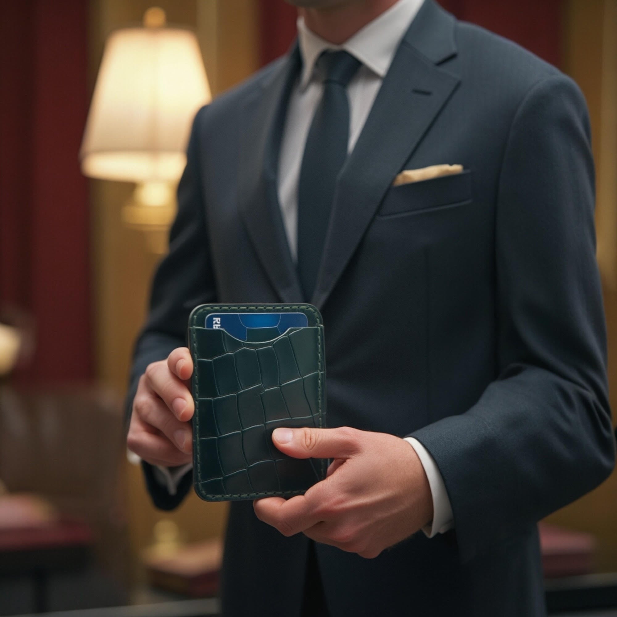 Etrie New York Handcrafted Croc-Embossed Leather Card Holder - Deep Green