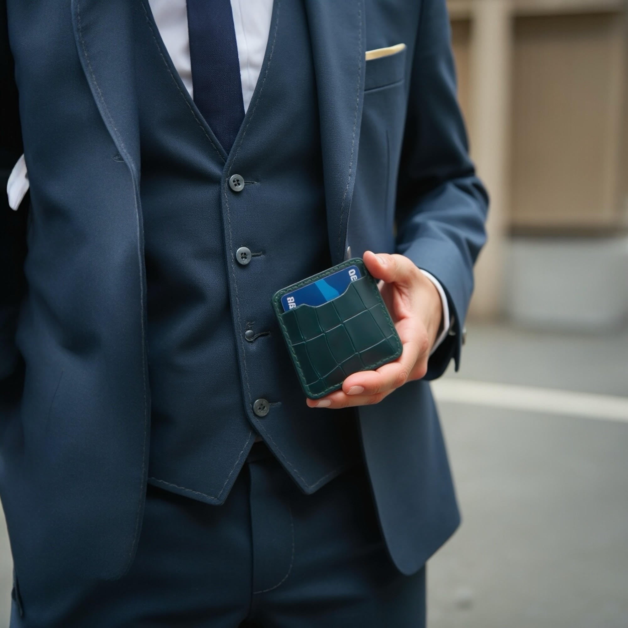 Etrie New York Handcrafted Croc-Embossed Leather Card Holder - Deep Green