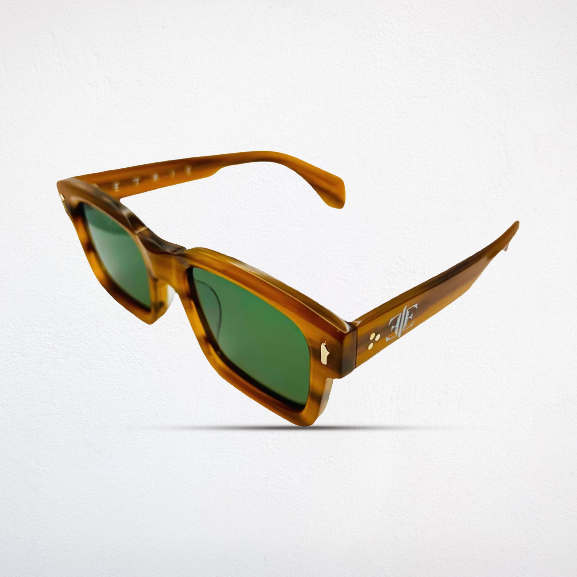 Etrie Classic Honey-Brown Tortoiseshell Rectangular Sunglasses with Green-Tinted Lenses and Gold Detailing